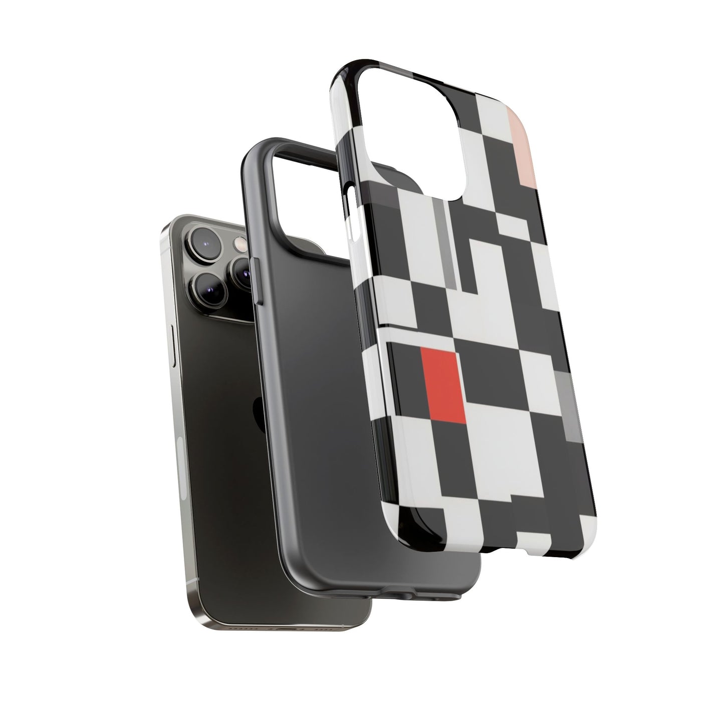 Abstract Geometric Phone Case – Black & White Checker Grid with Red Accent