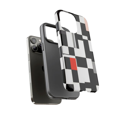 Abstract Geometric Phone Case – Black & White Checker Grid with Red Accent