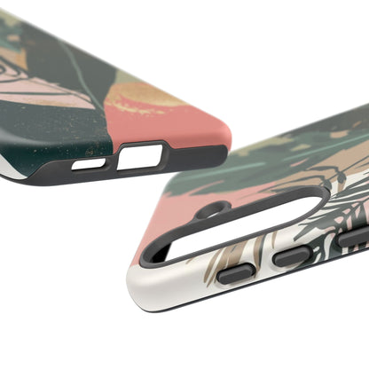 Tropical Leaf Tough Phone Case — Abstract Pink & Green Botanical Protective Cover