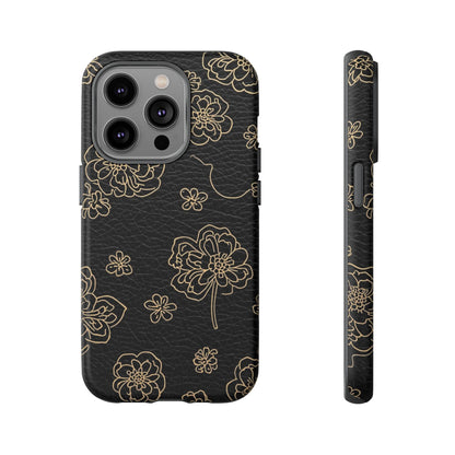 Floral Leather-Texture Tough Case – Black Gold Outline Phone Cover