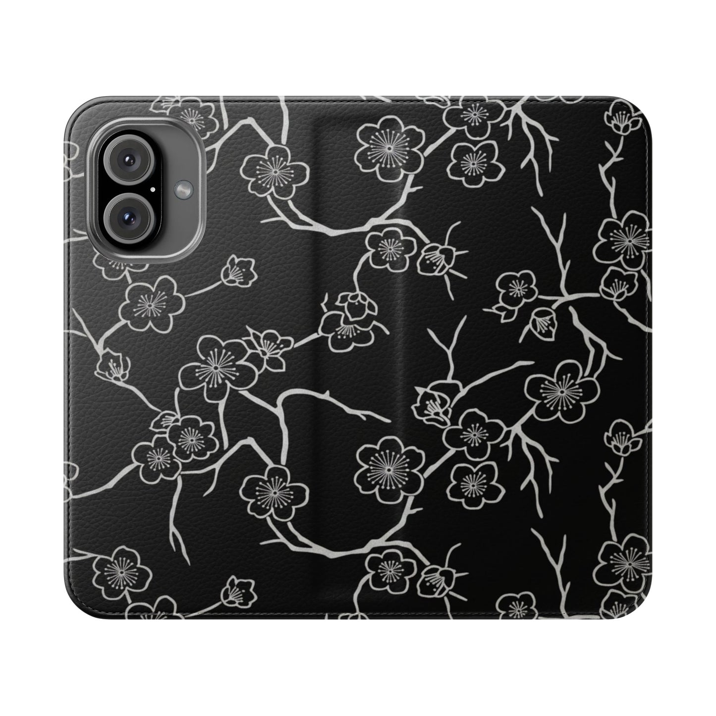 Black Cherry Blossom Flip Phone Case – Floral Wallet Flip Case with Card Slots