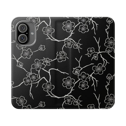 Black Cherry Blossom Flip Phone Case – Floral Wallet Flip Case with Card Slots