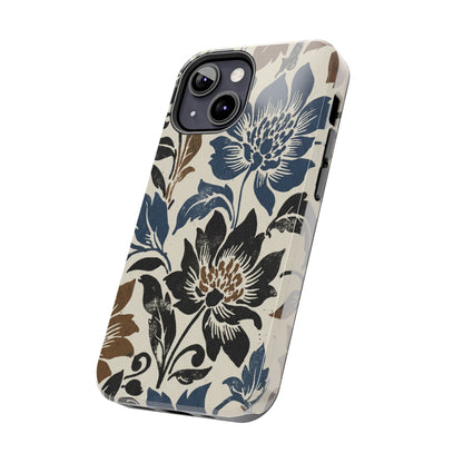 Floral Vintage Tough Phone Case — Blue & Brown Botanical Protection