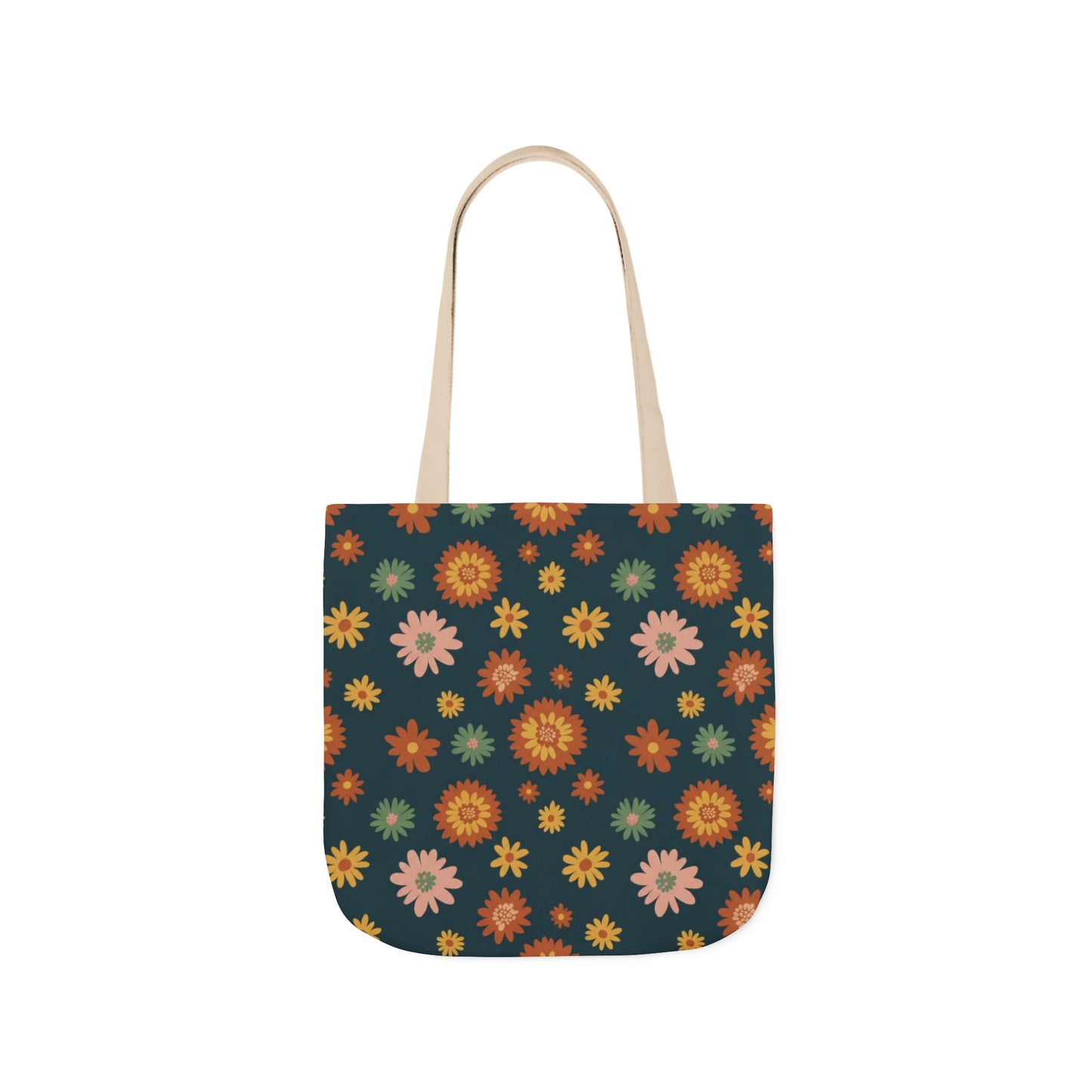 Retro Floral Canvas Tote Bag — Dark Green Sunflower Pattern