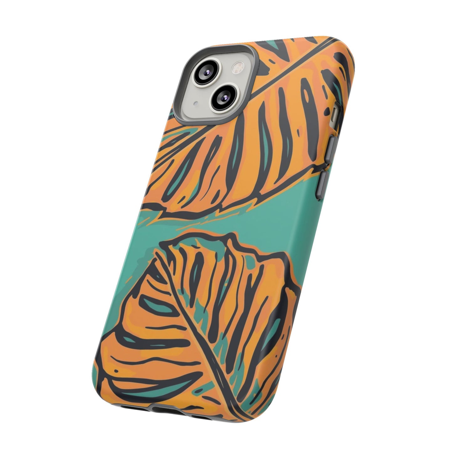 Tropical Leaf Tough Phone Case — Orange Monstera Design on Teal