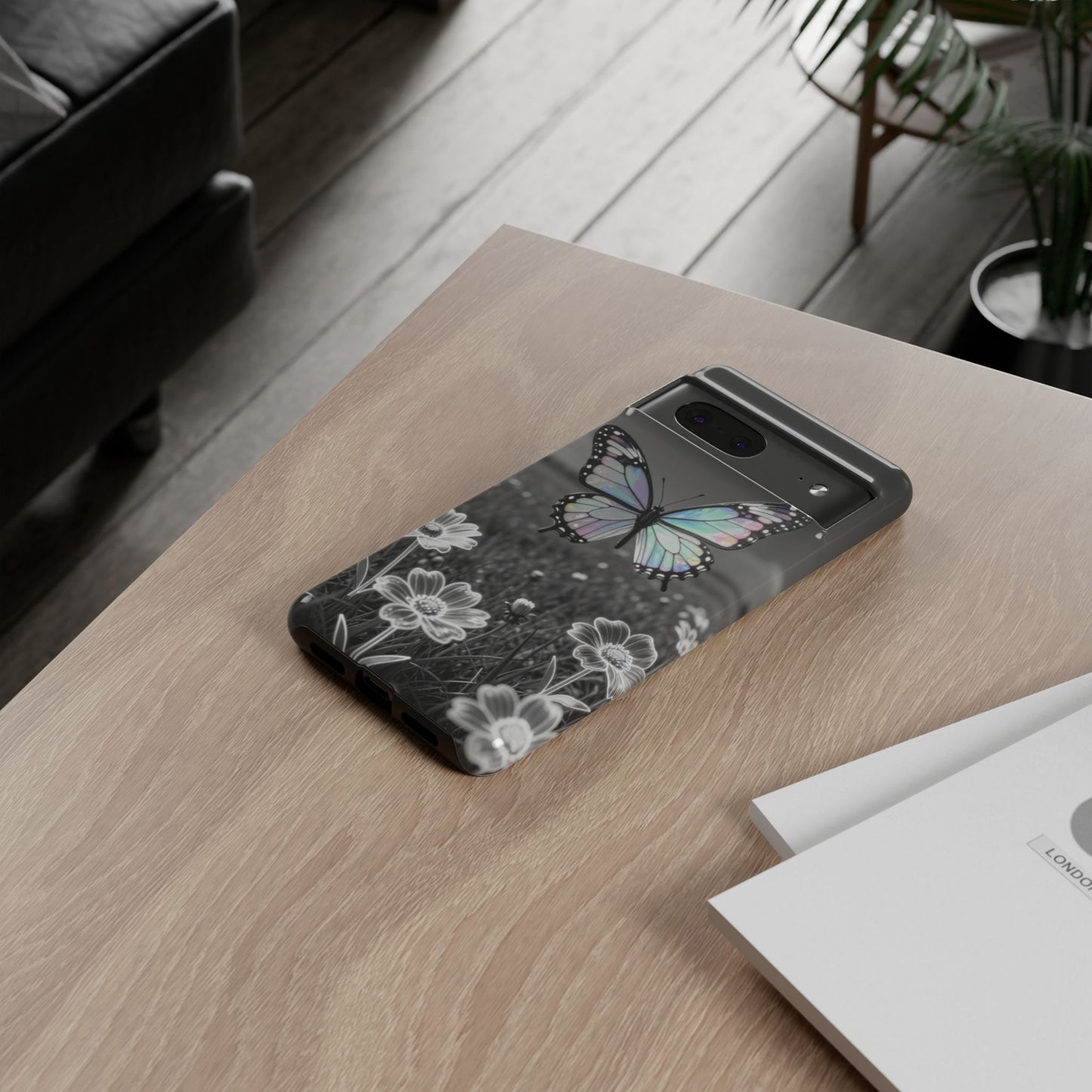 Butterfly Field Tough Phone Case — Pastel Holographic Butterfly on Black & White Floral Background