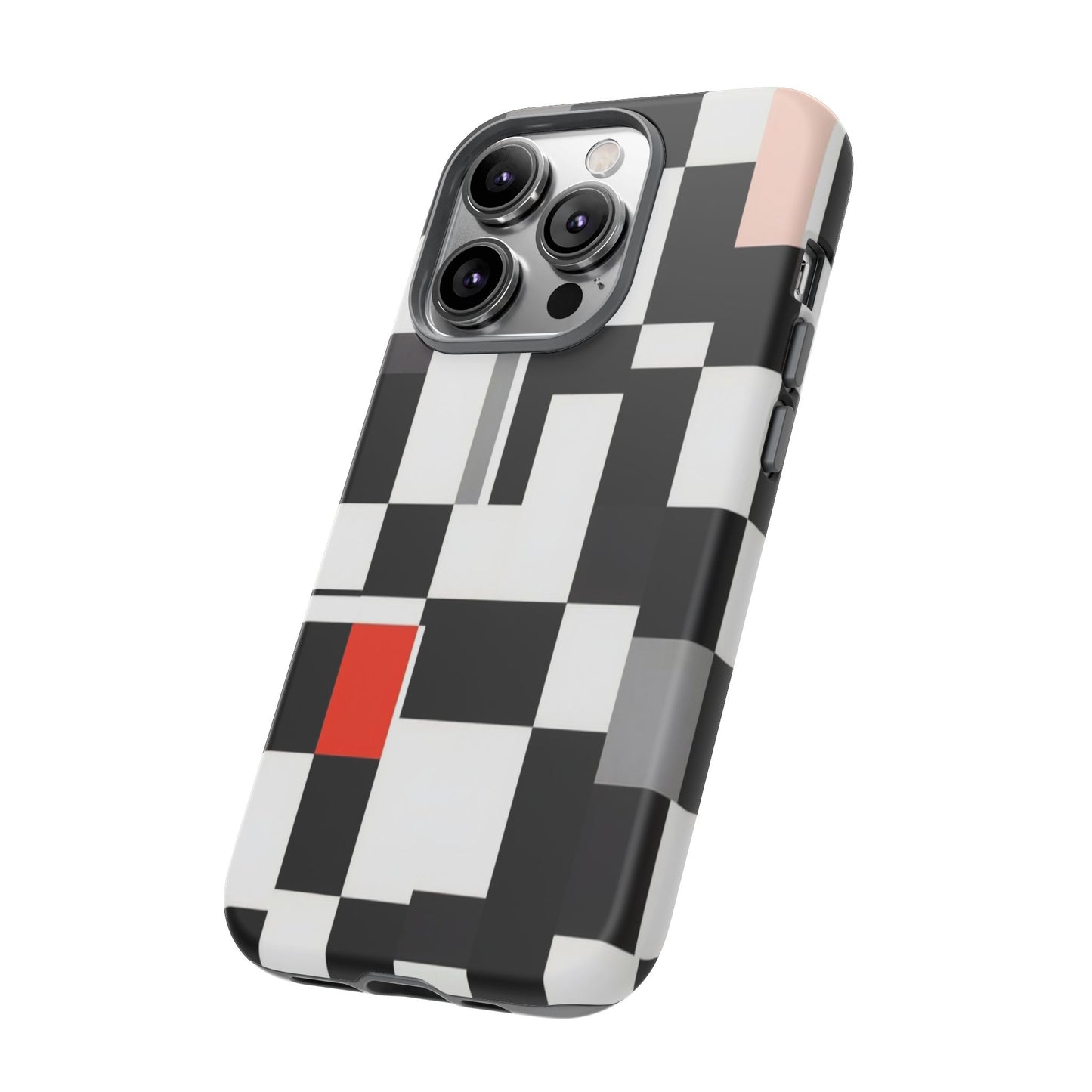 Abstract Geometric Phone Case – Black & White Checker Grid with Red Accent