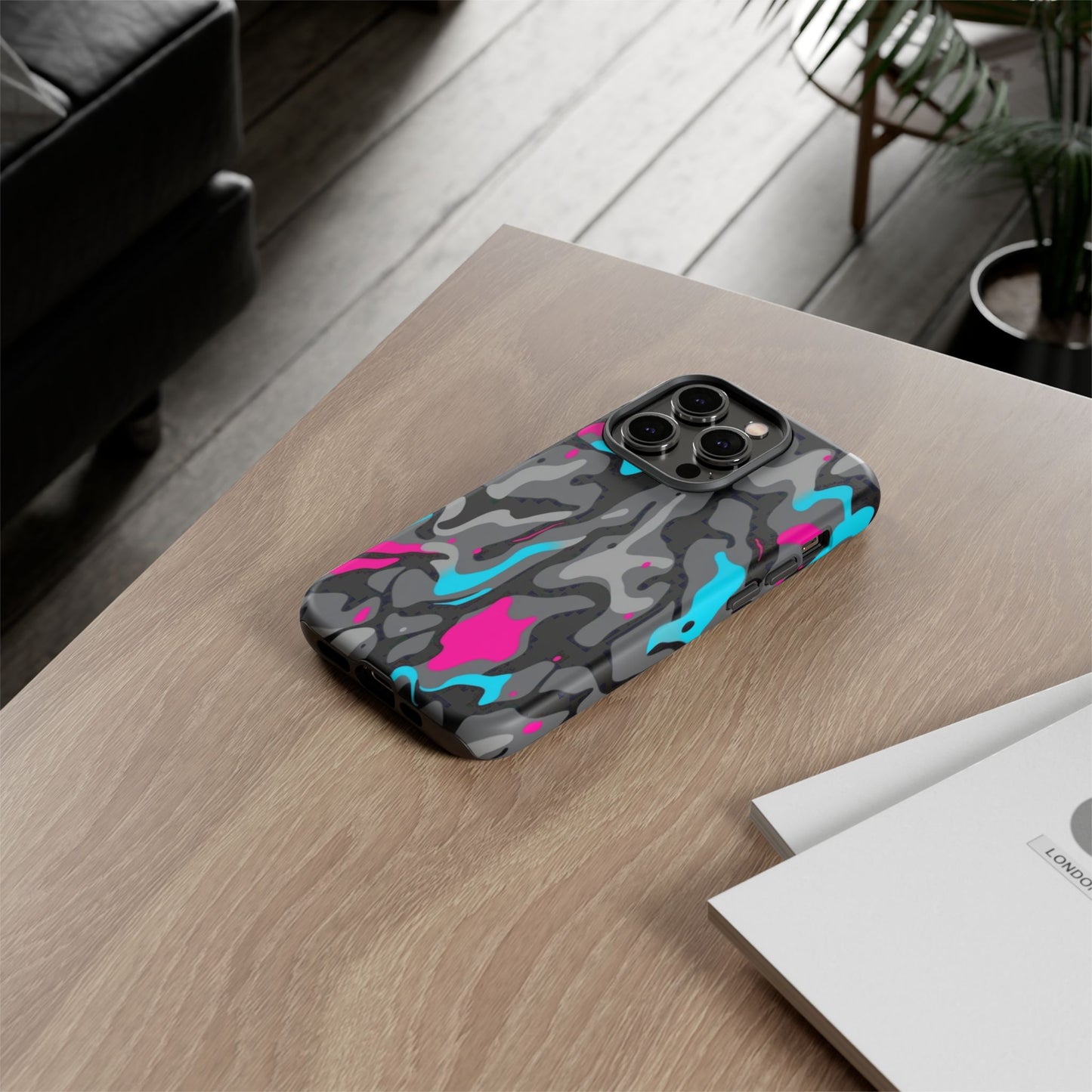 Camouflage Phone Case — Gray Camo with Neon Pink & Cyan Accent Tough Protective Cover