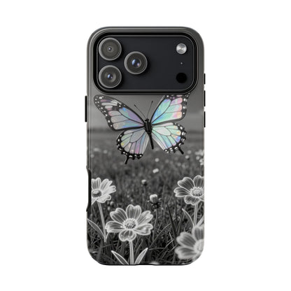 Butterfly Field Tough Phone Case — Pastel Holographic Butterfly on Black & White Floral Background