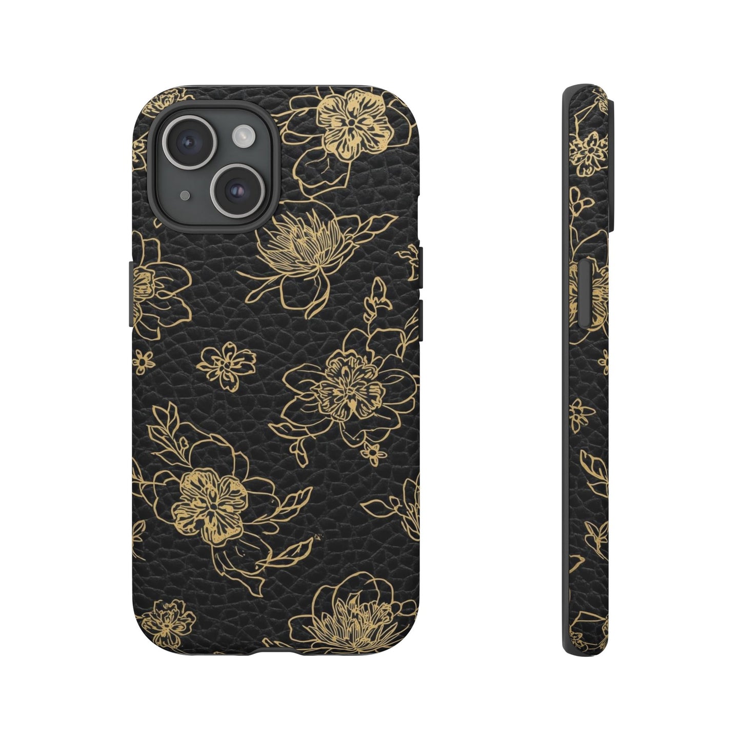 Floral Leather Phone Case — Gold Outline Flowers on Black Tough Case