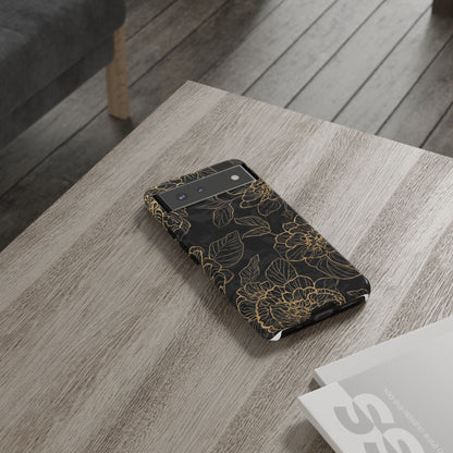 Floral Gold Outline Tough Phone Case – Black Botanical Protective Cover