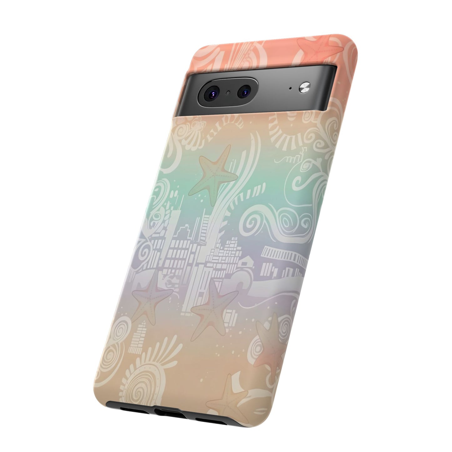 Tough Cases: Pastel Beach Pattern Phone Case — Starfish & Coastal Cityscape Protective Cover