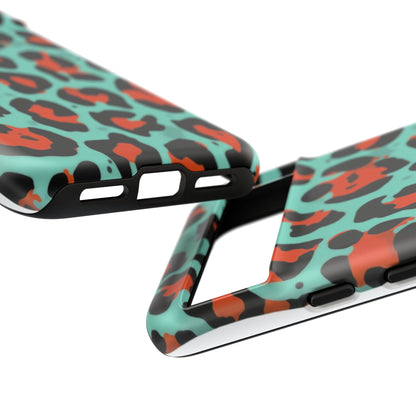 Leopard Print Tough Phone Case — Teal & Rust Protective iPhone Cover