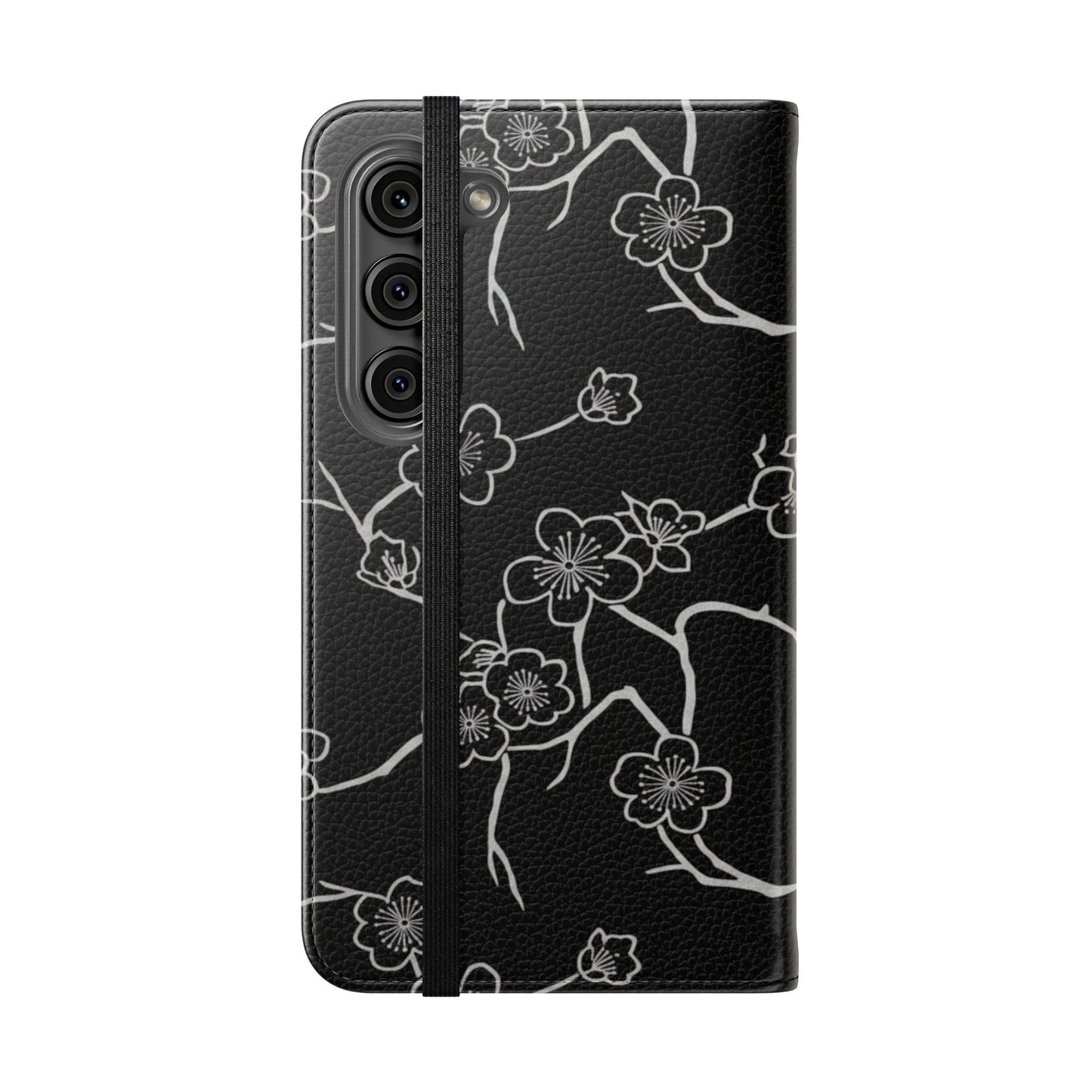 Black Cherry Blossom Flip Phone Case – Floral Wallet Flip Case with Card Slots