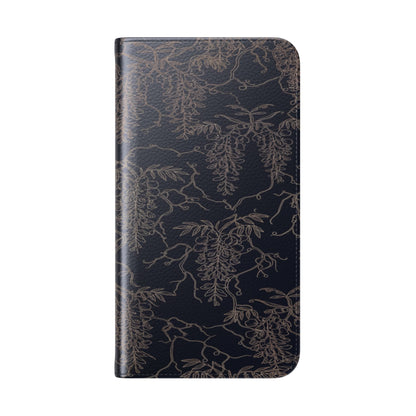 Botanical Noir Flip Phone Case — Dark Floral Wallet Cover with Card Slots