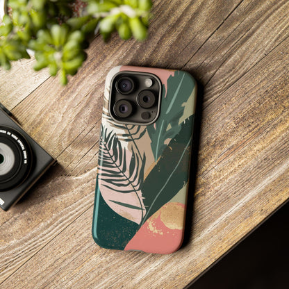 Tropical Leaf Tough Phone Case — Abstract Pink & Green Botanical Protective Cover