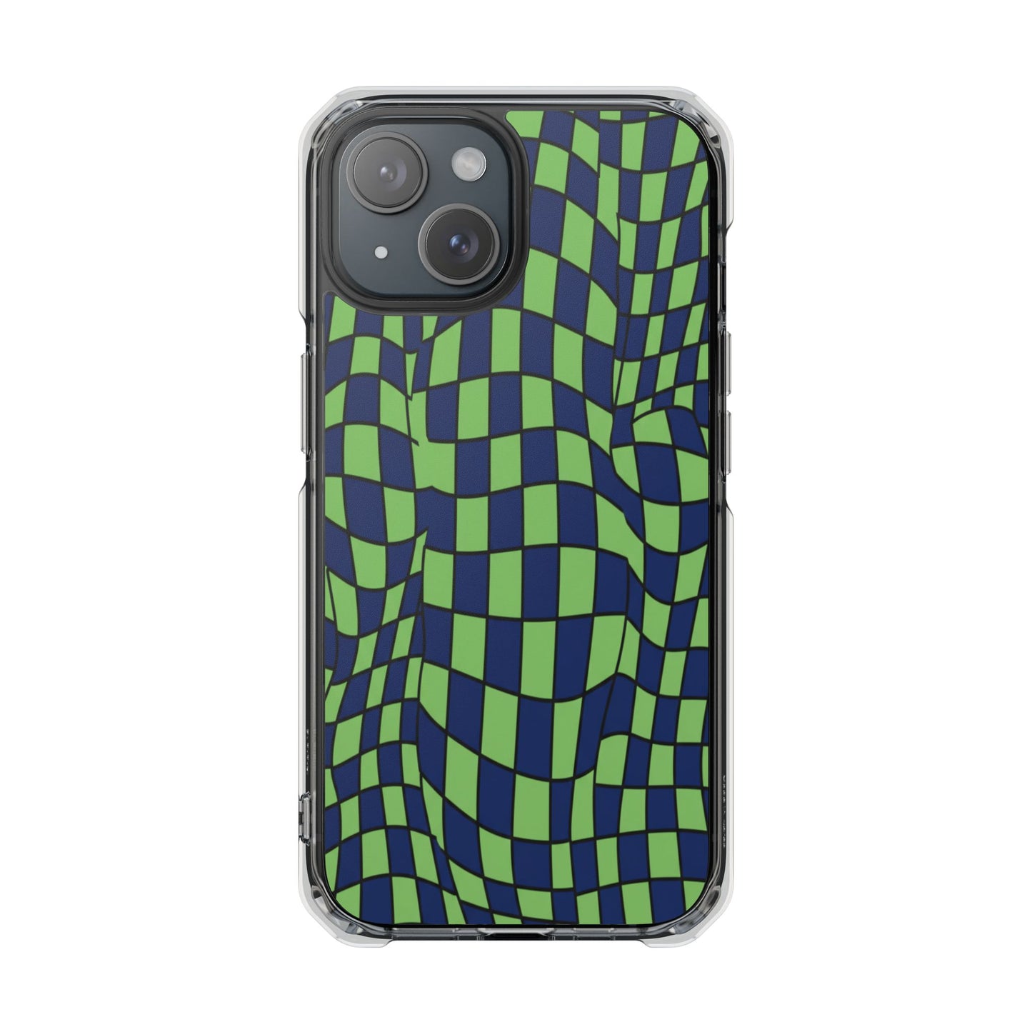 Clear Magnetic Phone Case — Green Distorted Checkerboard Design