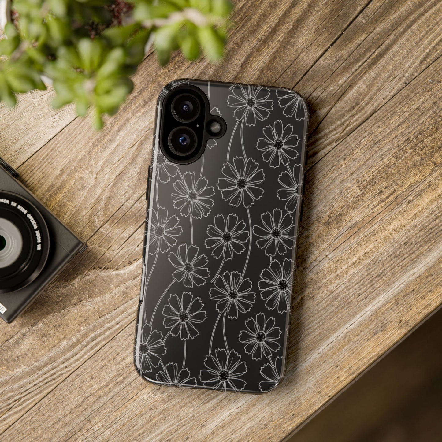 Floral Doodle Tough Phone Case — Black & Gray Daisy Pattern