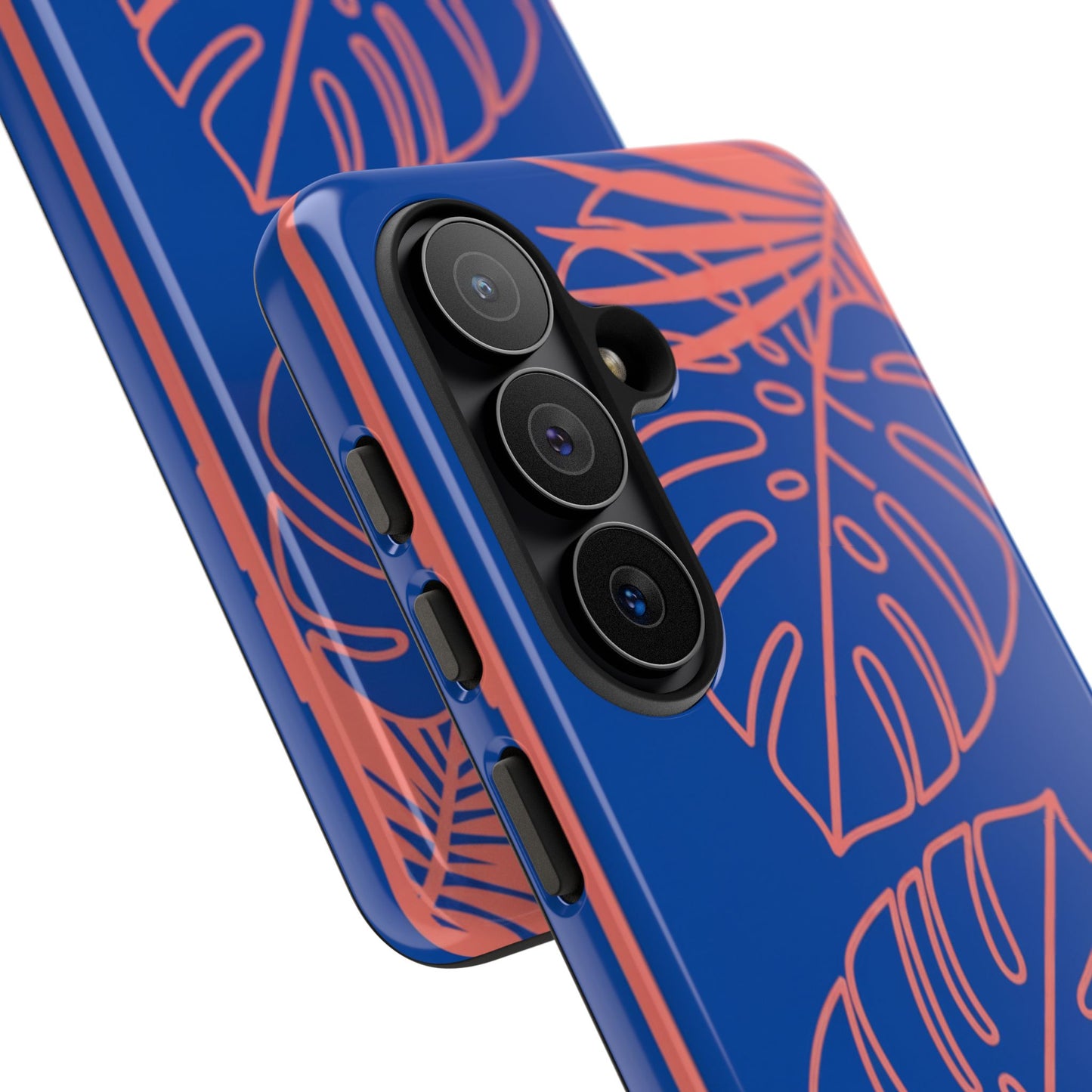 Tropical Monstera Phone Case — Blue & Coral Leaf Protective Cover
