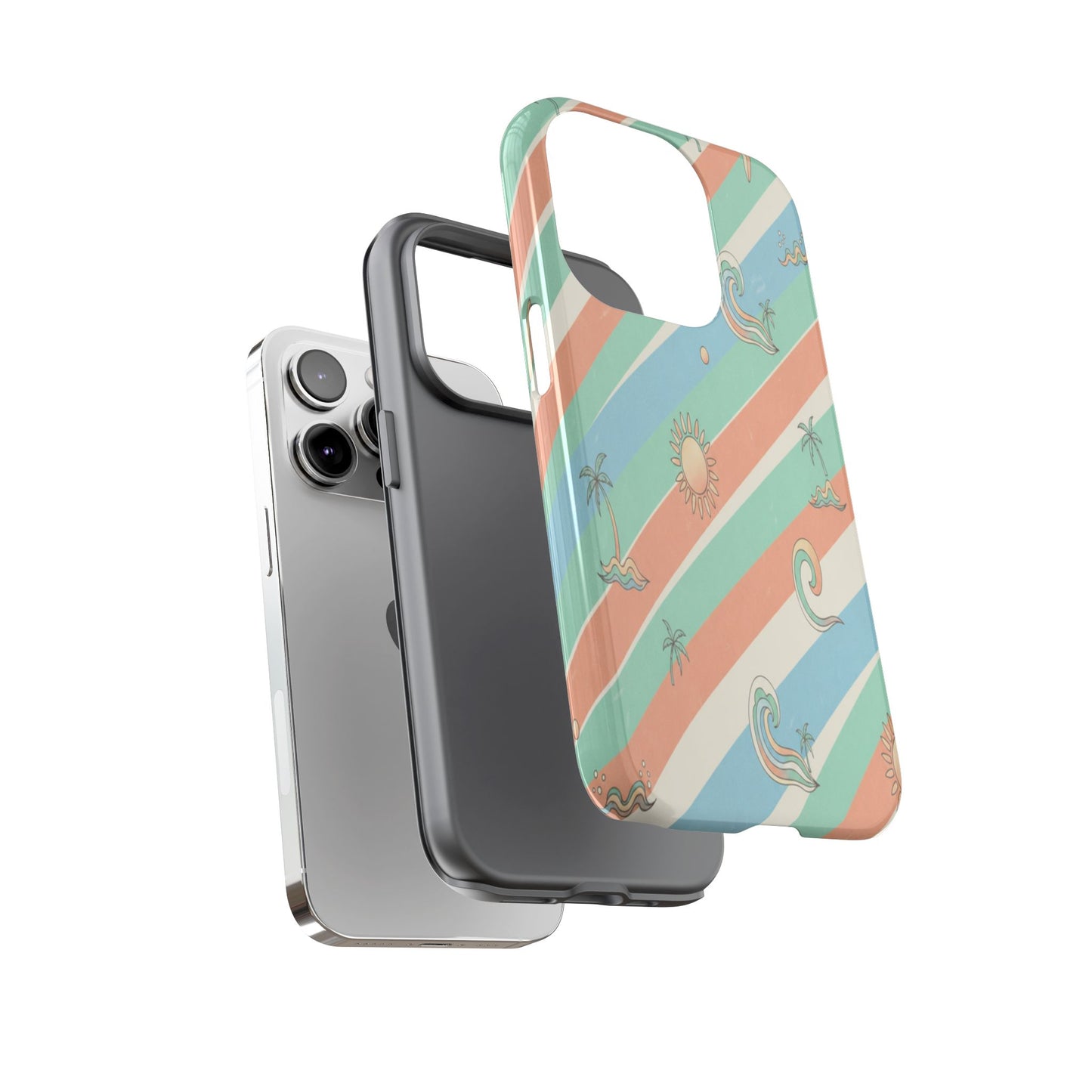 Retro Beach Stripes Phone Case — Sun, Waves & Palm Pattern Tough Case