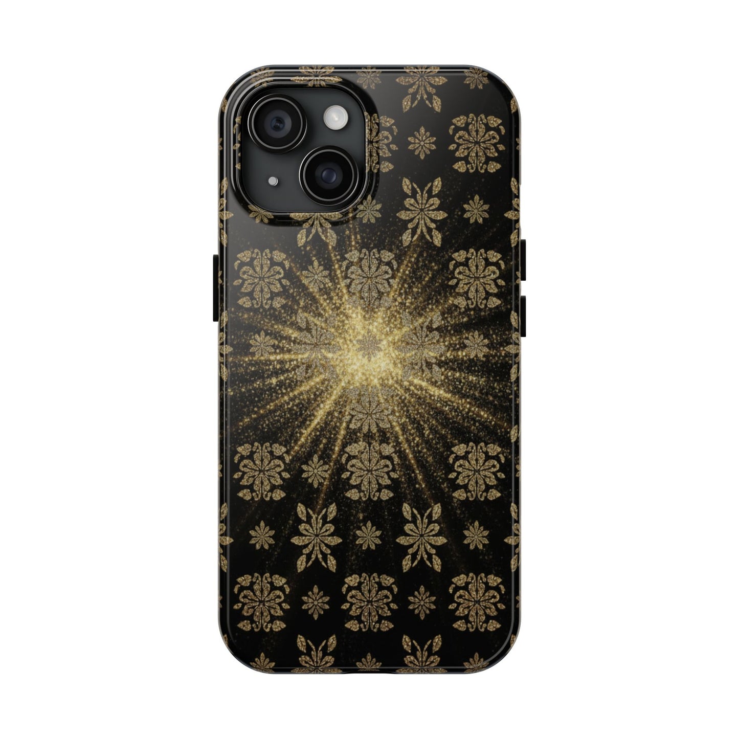 Glitter Burst Tough Phone Case — Black & Gold Floral Protective Cover