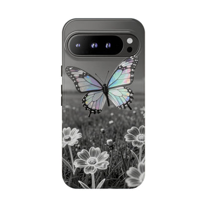 Butterfly Field Tough Phone Case — Pastel Holographic Butterfly on Black & White Floral Background