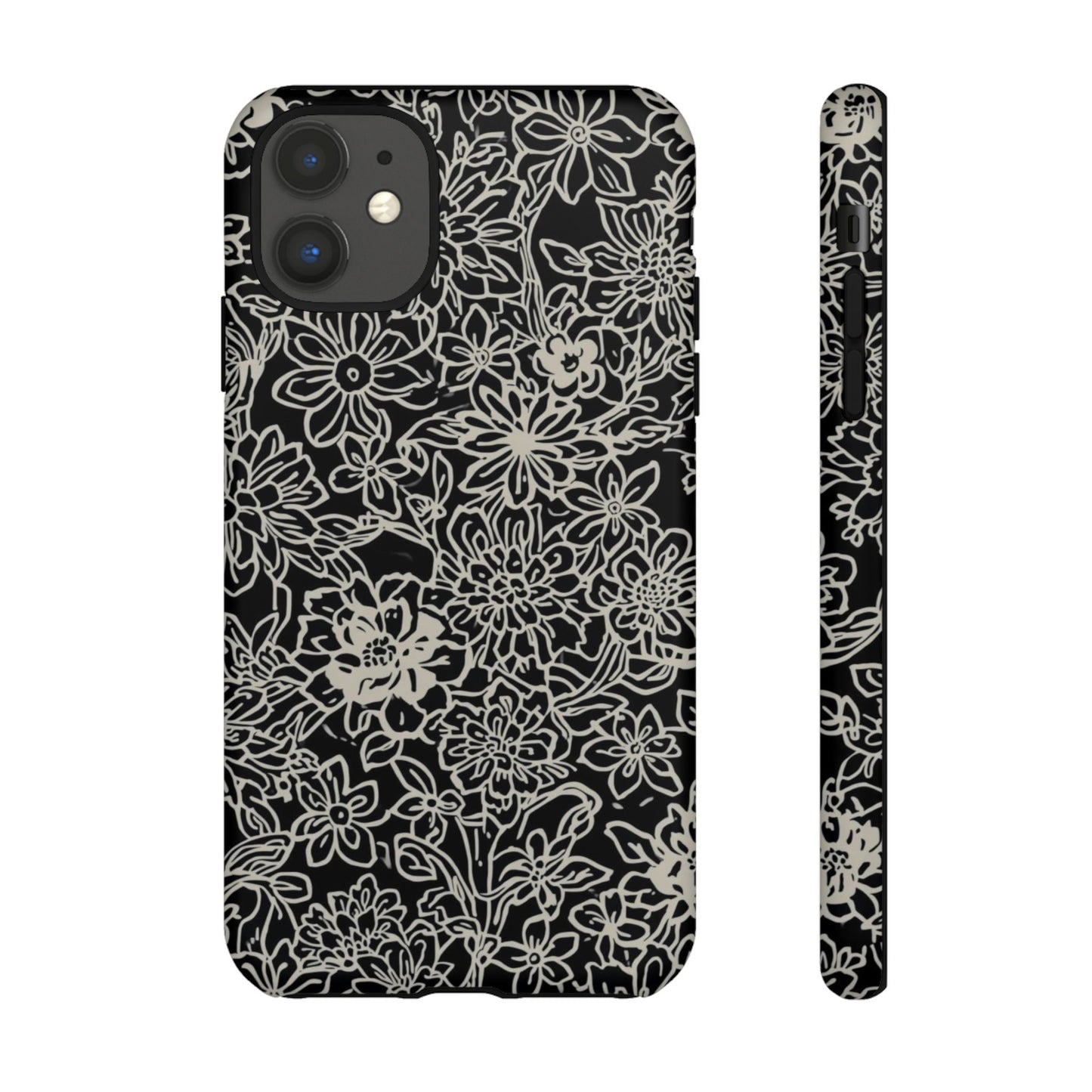 Floral Doodle Tough Phone Case — Black & White Sketch Flower Protective Cover