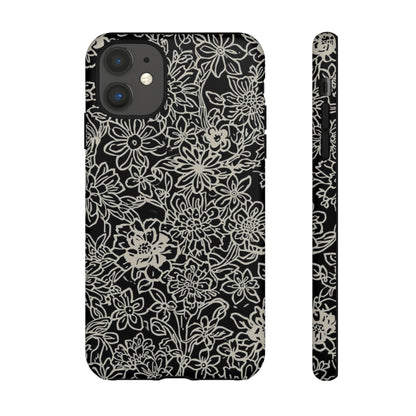 Floral Doodle Tough Phone Case — Black & White Sketch Flower Protective Cover