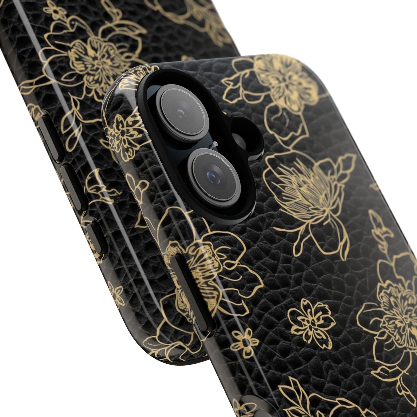 Floral Leather Phone Case — Gold Outline Flowers on Black Tough Case