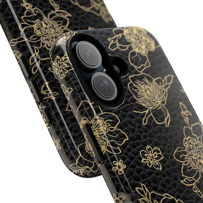 Floral Leather Phone Case — Gold Outline Flowers on Black Tough Case