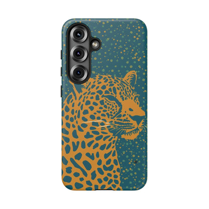 Leopard Print Tough Phone Case — Gold Panther on Teal, Protective iPhone Cover