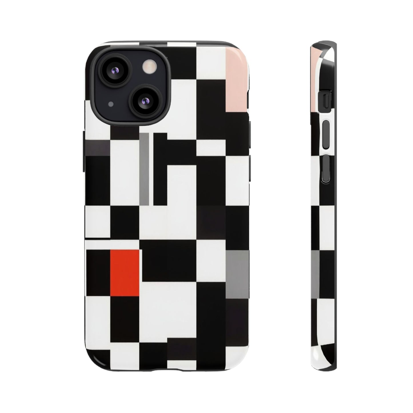 Abstract Geometric Phone Case – Black & White Checker Grid with Red Accent