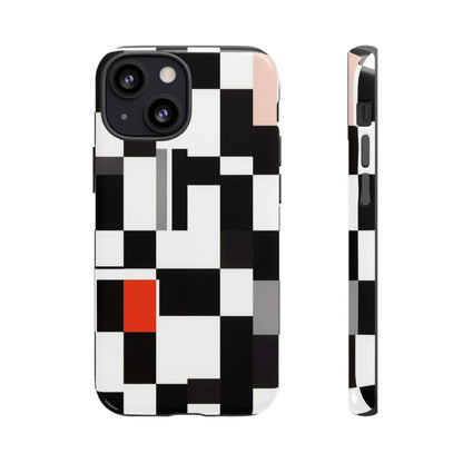 Abstract Geometric Phone Case – Black & White Checker Grid with Red Accent