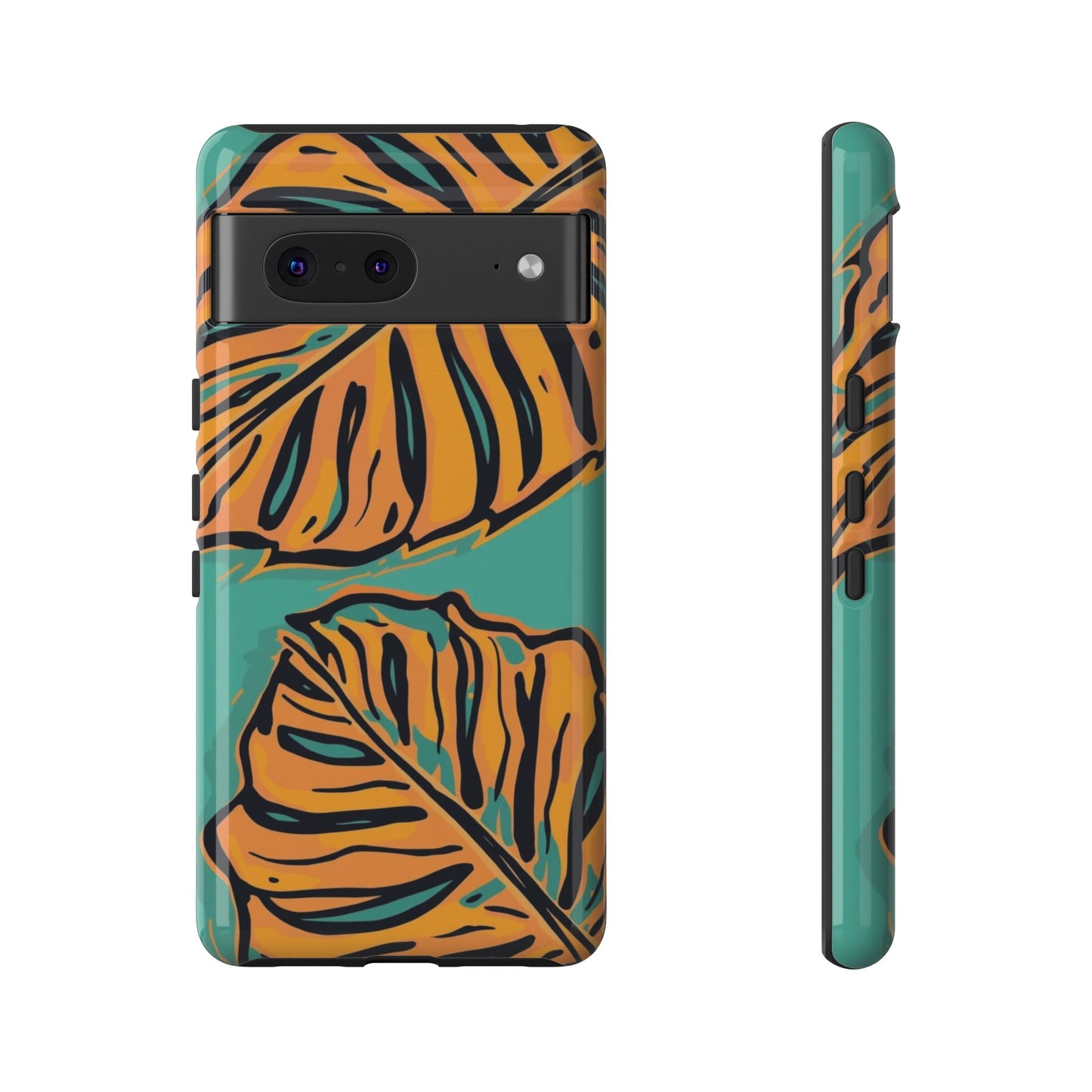 Tropical Leaf Tough Phone Case — Orange Monstera Design on Teal