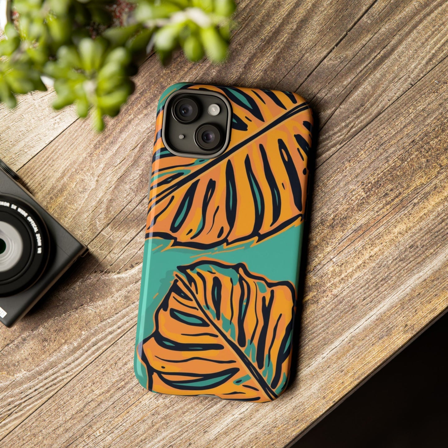 Tropical Leaf Tough Phone Case — Orange Monstera Design on Teal