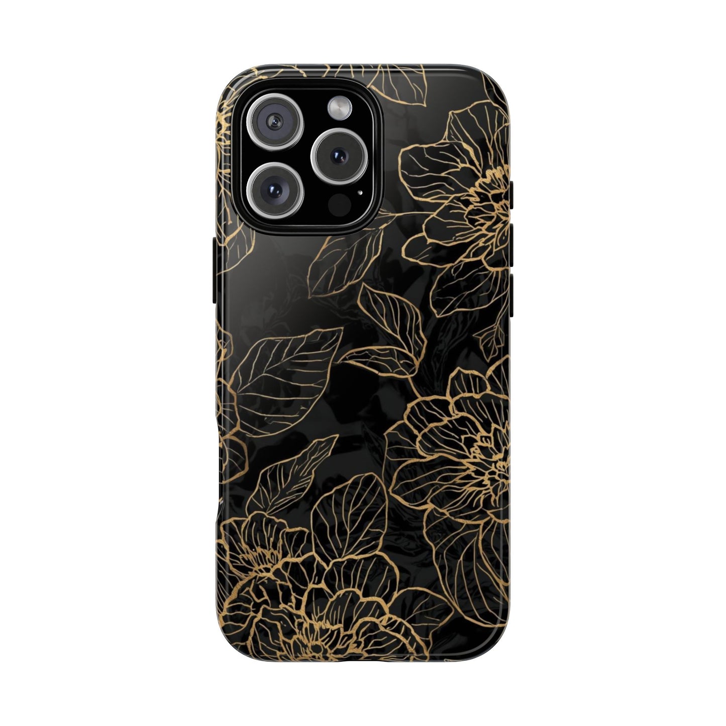 Floral Gold Outline Tough Phone Case – Black Botanical Protective Cover