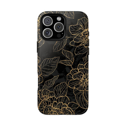 Floral Gold Outline Tough Phone Case – Black Botanical Protective Cover
