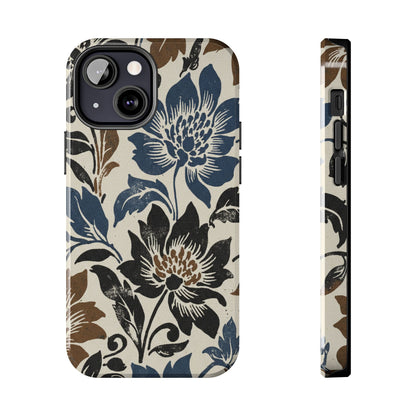 Floral Vintage Tough Phone Case — Blue & Brown Botanical Protection