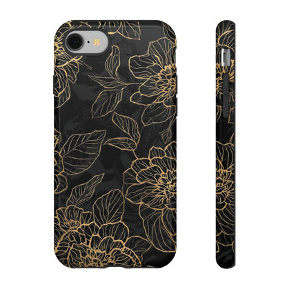 Floral Gold Outline Tough Phone Case – Black Botanical Protective Cover