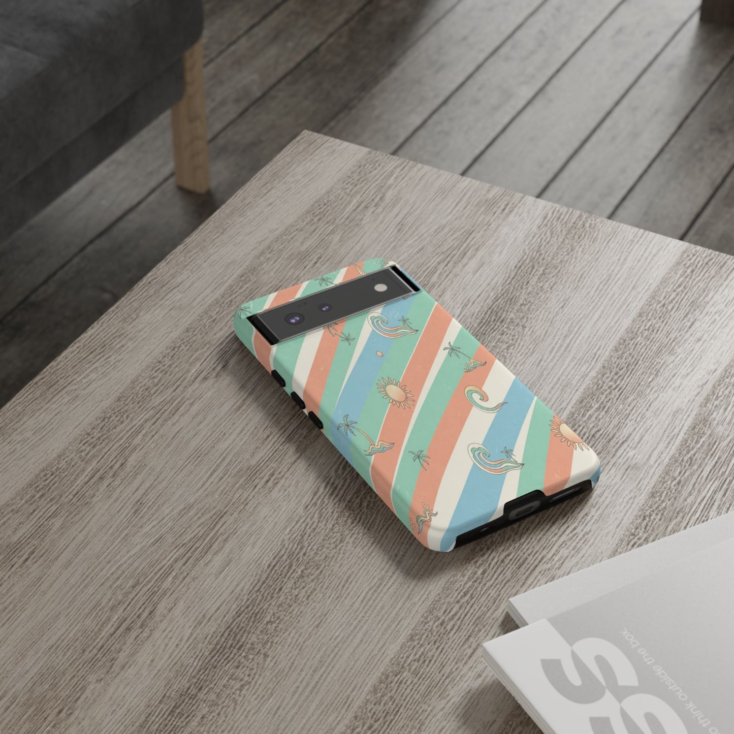 Retro Beach Stripes Phone Case — Sun, Waves & Palm Pattern Tough Case