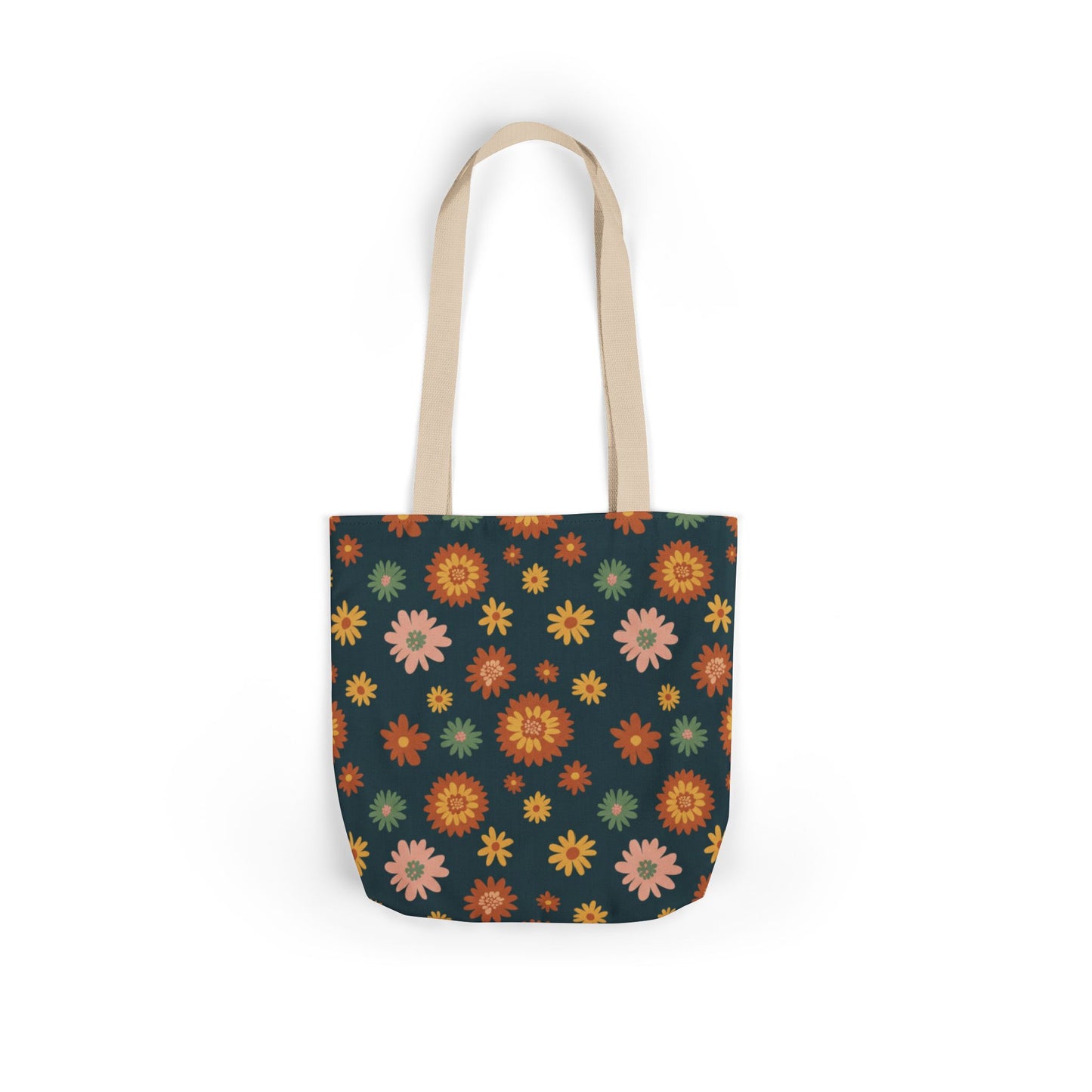 Retro Floral Canvas Tote Bag — Dark Green Sunflower Pattern