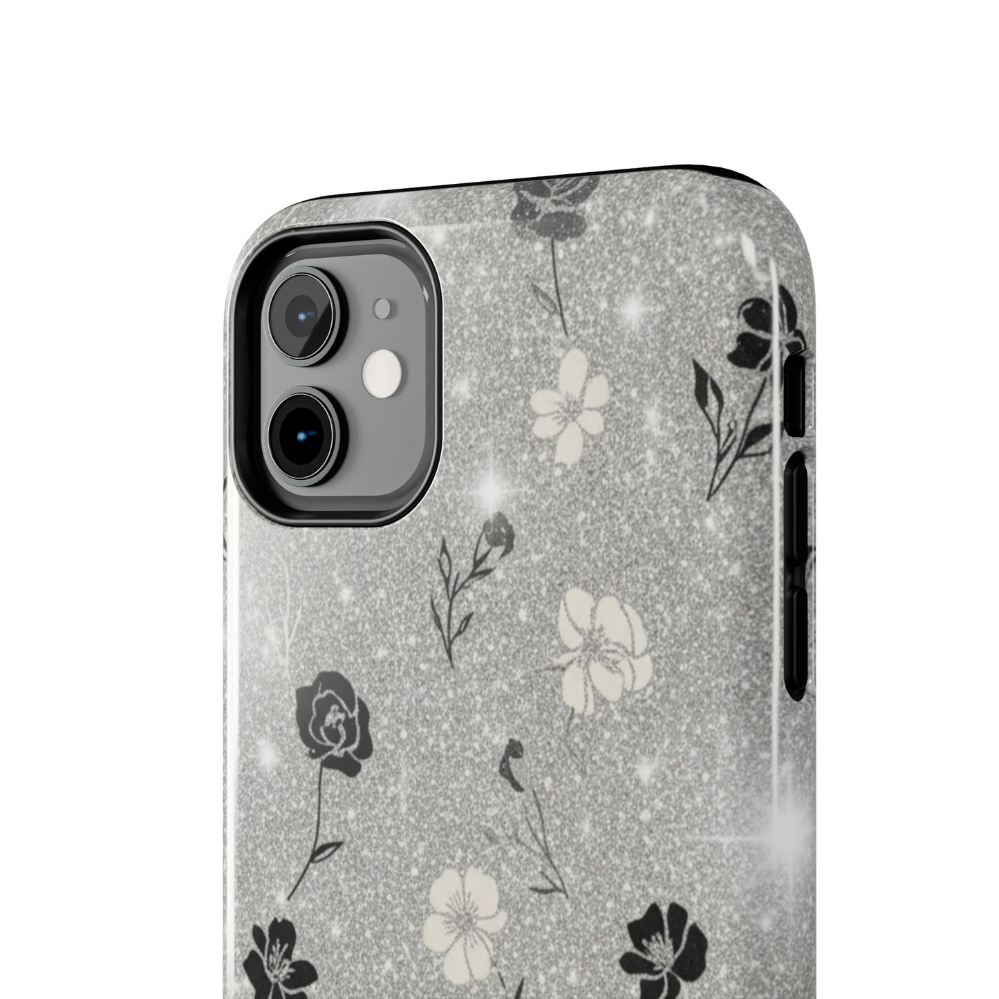 Floral Glitter Tough Phone Case — Black & Silver Vintage Flower Protective Cover