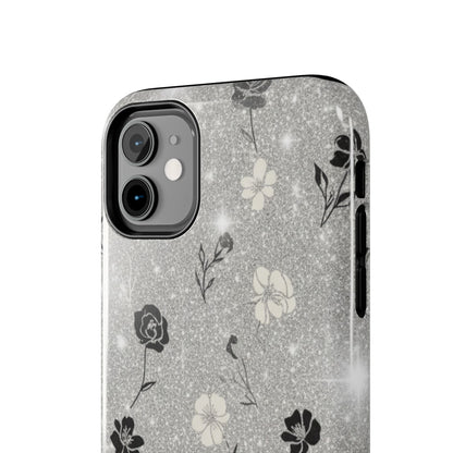 Floral Glitter Tough Phone Case — Black & Silver Vintage Flower Protective Cover