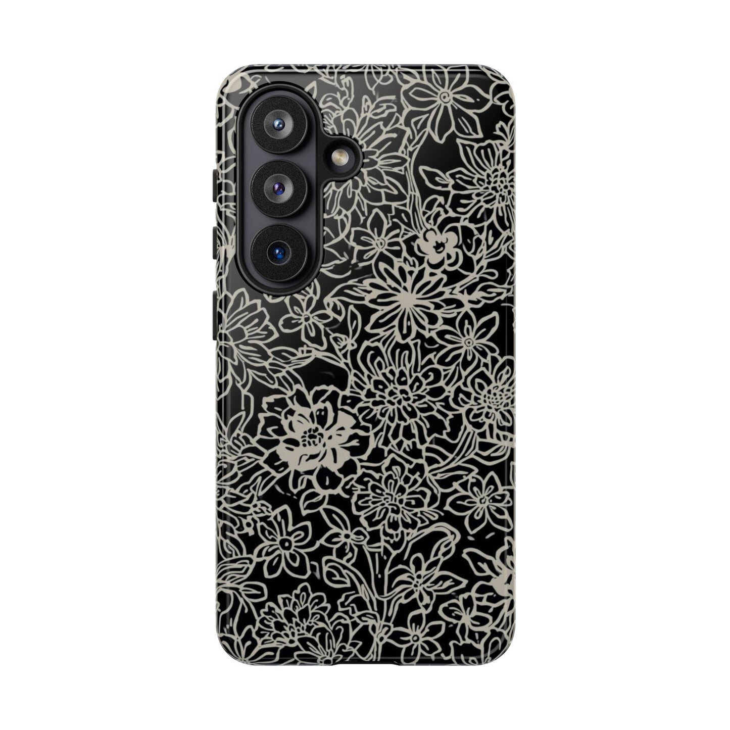 Floral Doodle Tough Phone Case — Black & White Sketch Flower Protective Cover