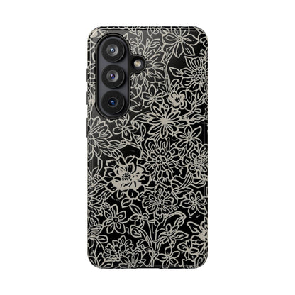 Floral Doodle Tough Phone Case — Black & White Sketch Flower Protective Cover