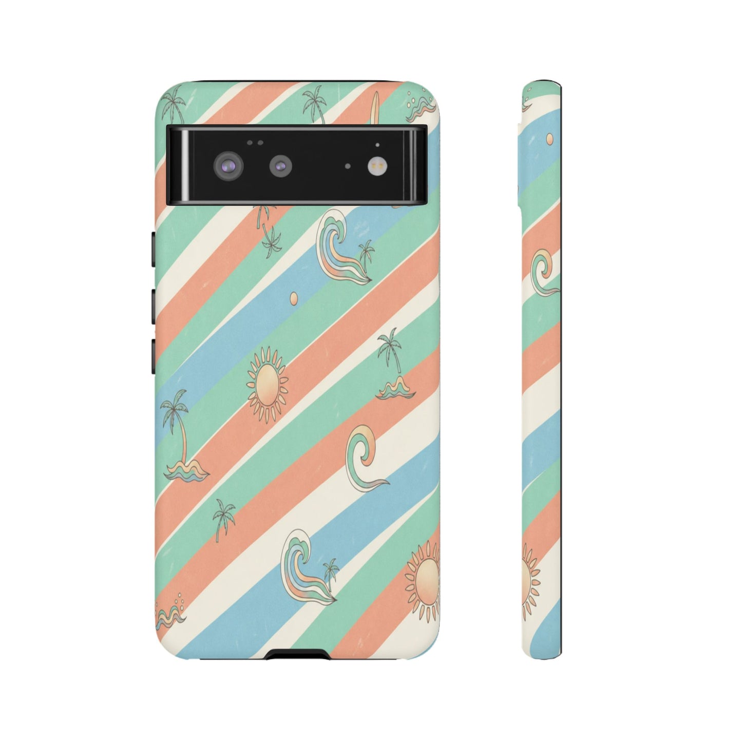 Retro Beach Stripes Phone Case — Sun, Waves & Palm Pattern Tough Case