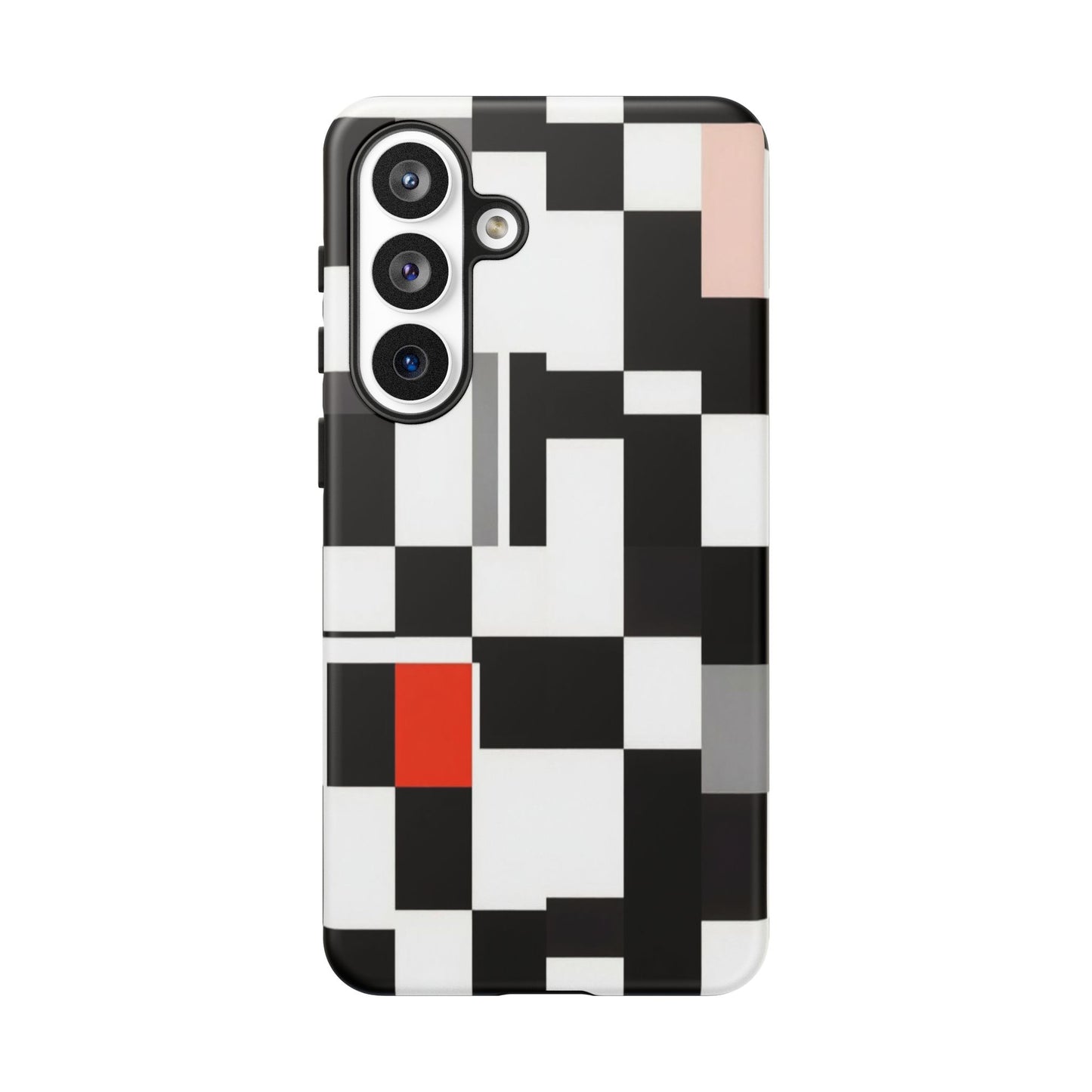Abstract Geometric Phone Case – Black & White Checker Grid with Red Accent