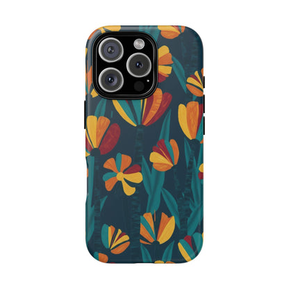 Floral Retro Teal Tough Phone Case — Vibrant Orange & Mustard Blooms