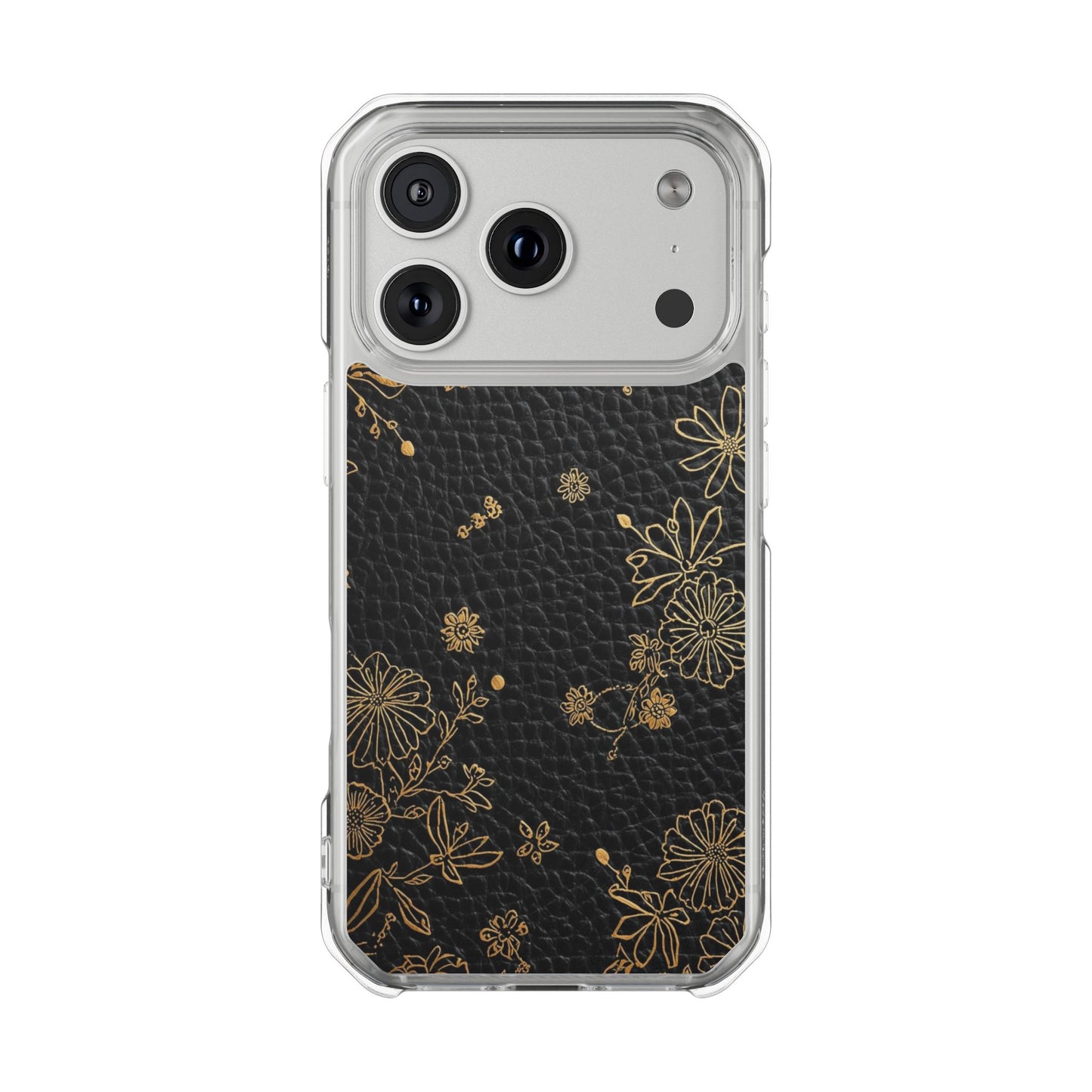 Clear Impact Phone Case — Black Leather Texture with Gold Floral Foil