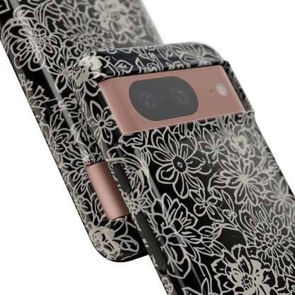 Floral Doodle Tough Phone Case — Black & White Sketch Flower Protective Cover